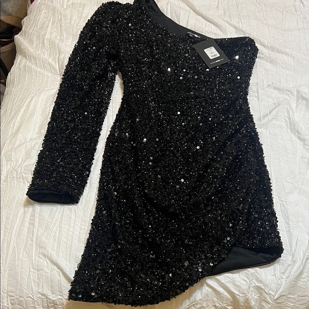 Fashion Nova Black Sequin One-Shoulder Dress